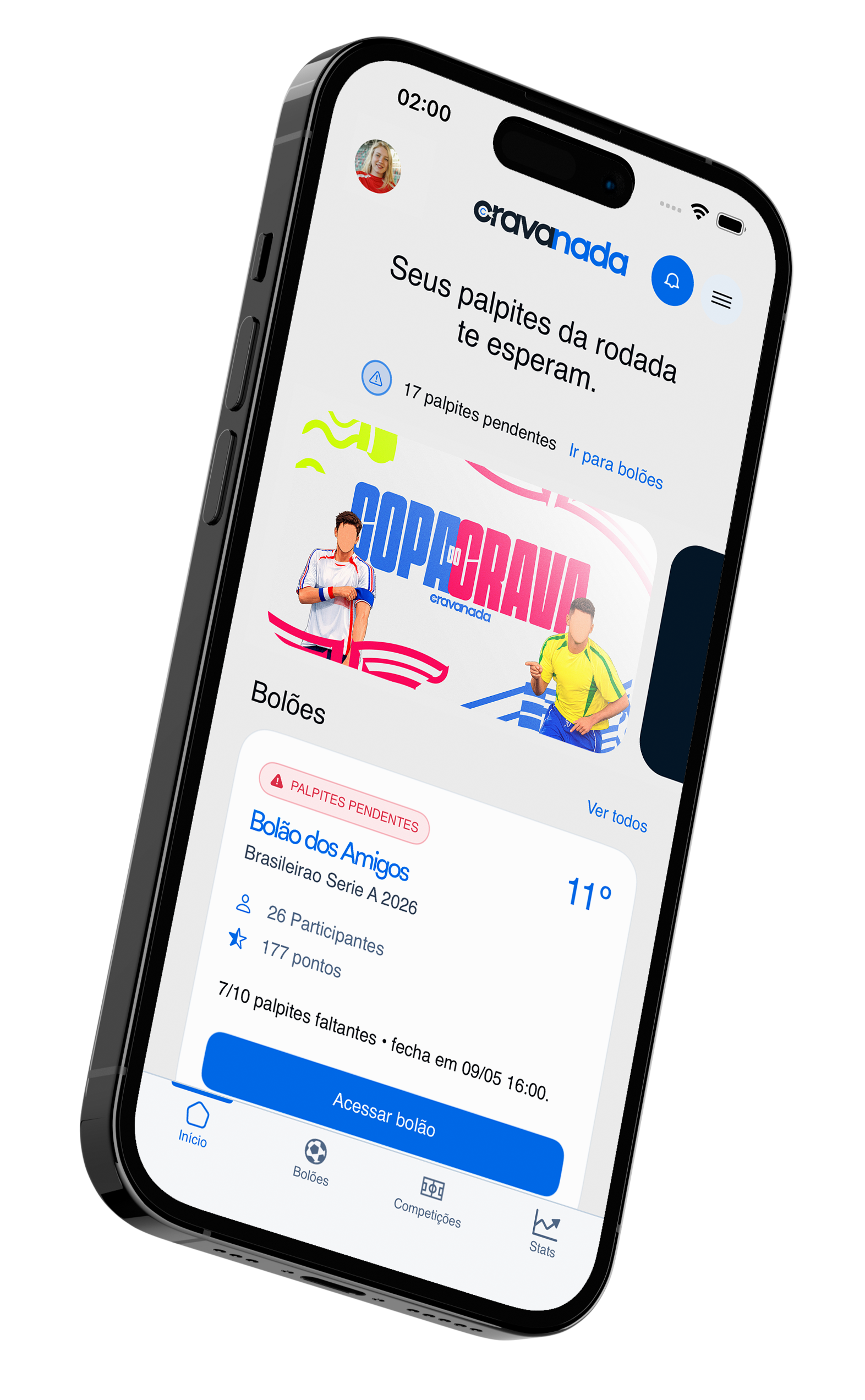 Tela do app Crava Nada mostrando o bolão oficial da Copa